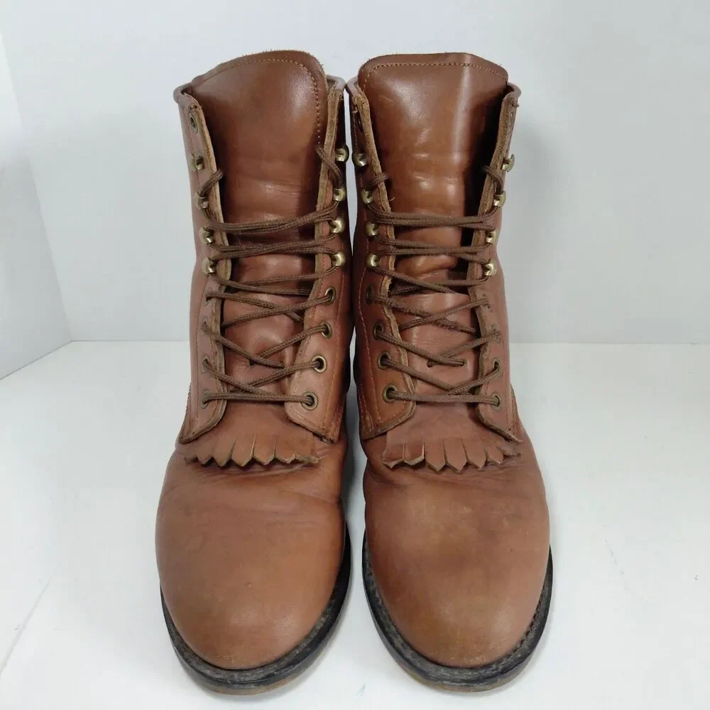 VTG Wrangler Hero Brown Leather Lace-up Western Boots Mens Size 9.5